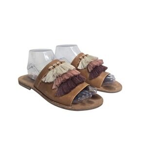 Frye Shoes‎ Womens Size 8.5M Tan Leather Slide Sandals Fringe Tassel Boho Flat